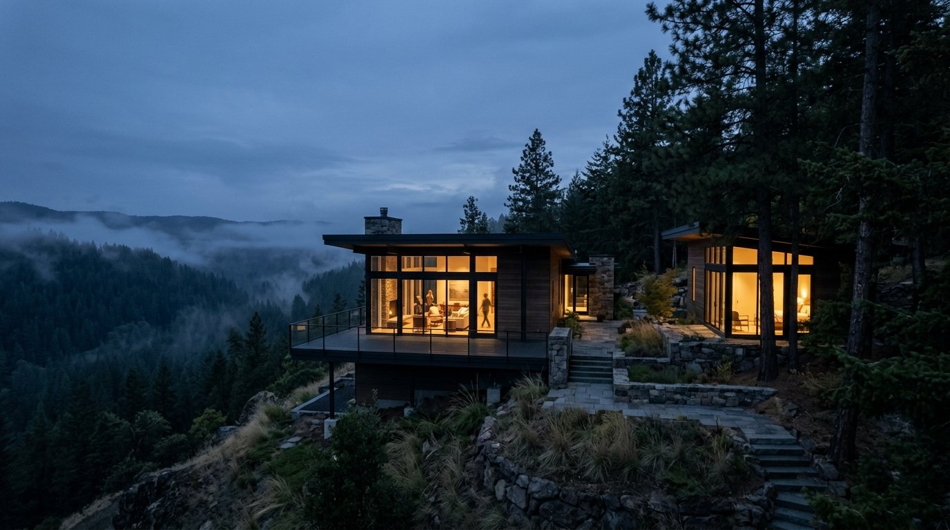 Serene modern hillside residence glowing warmly at twilight