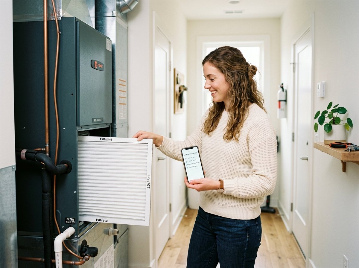 Homeowner sliding a fresh air filter into an HVAC slot