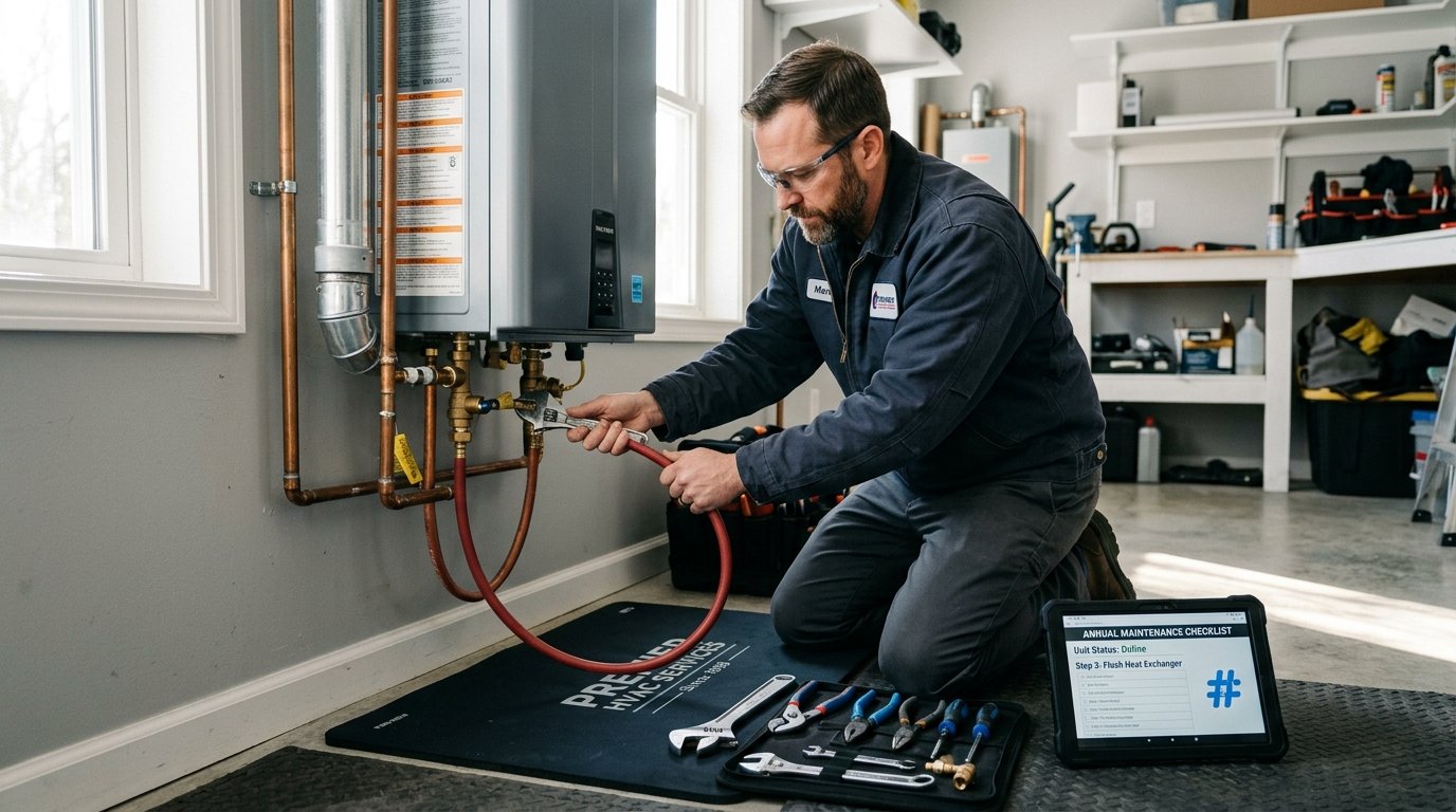 Professional technician servicing a modern tankless water heater