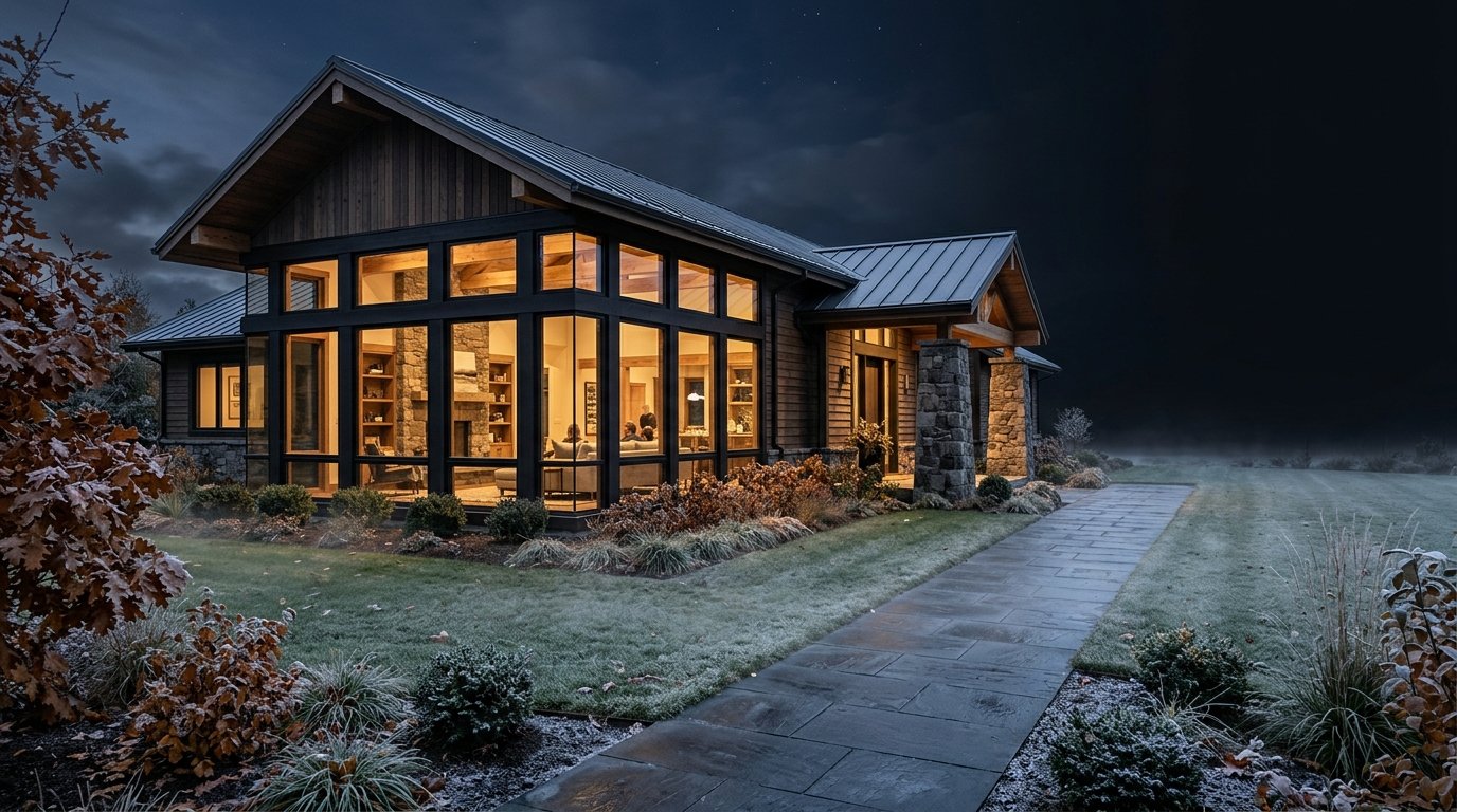 Warm modern home glowing calmly at twilight before an autumn frost