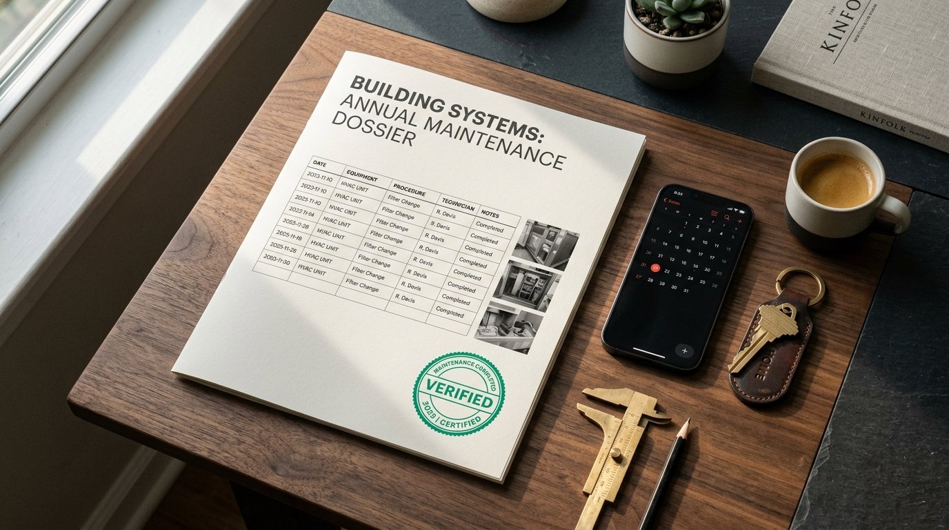 Printed Home Record dossier with emerald verification seal beside smartphone and brass house key