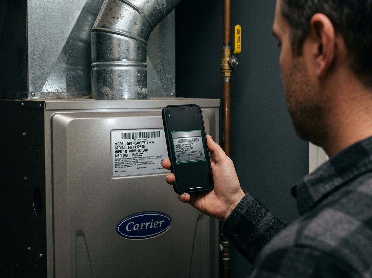 Homeowner scanning a furnace data plate with their smartphone camera