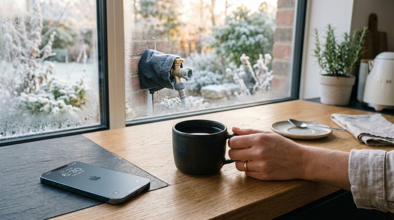 Homeowner enjoying morning coffee with winterized garden outside