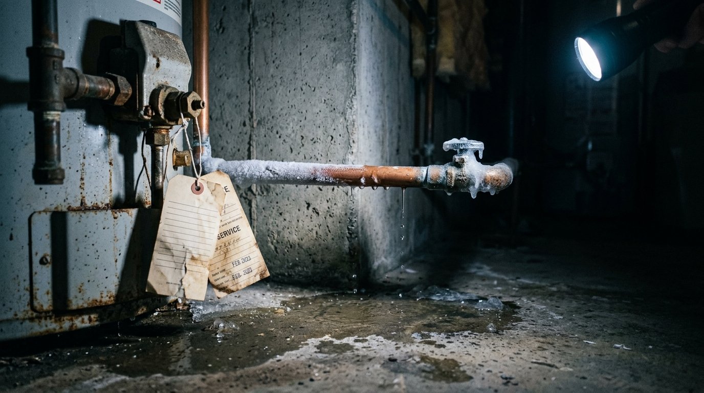 Frozen leaking copper pipe in a dark basement