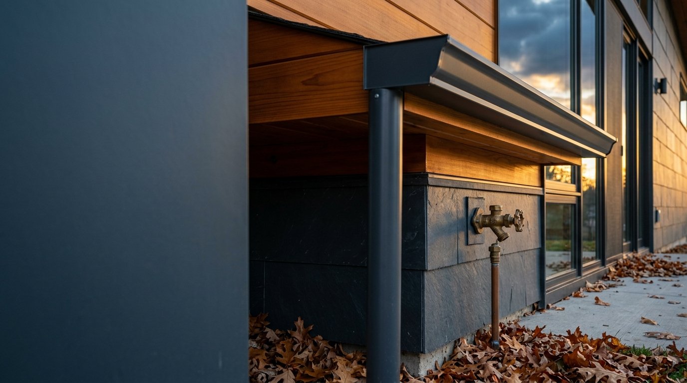 Modern residential eaves, gutter, and brass spigot at golden hour before a freeze